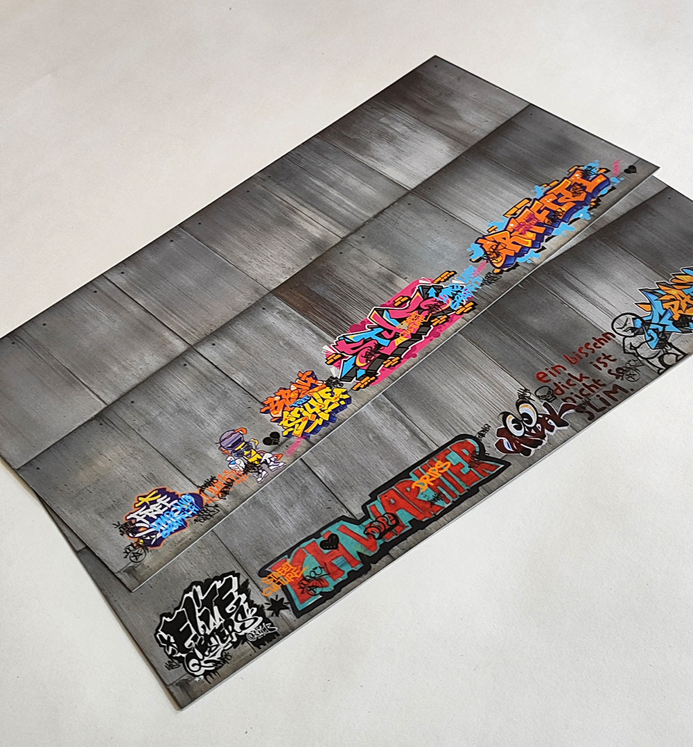 Dekorbögen moderne Betonwand mit Graffiti Set 2 Spur H0 13,8cm x 29,7cm | FS-Modellbahn.de