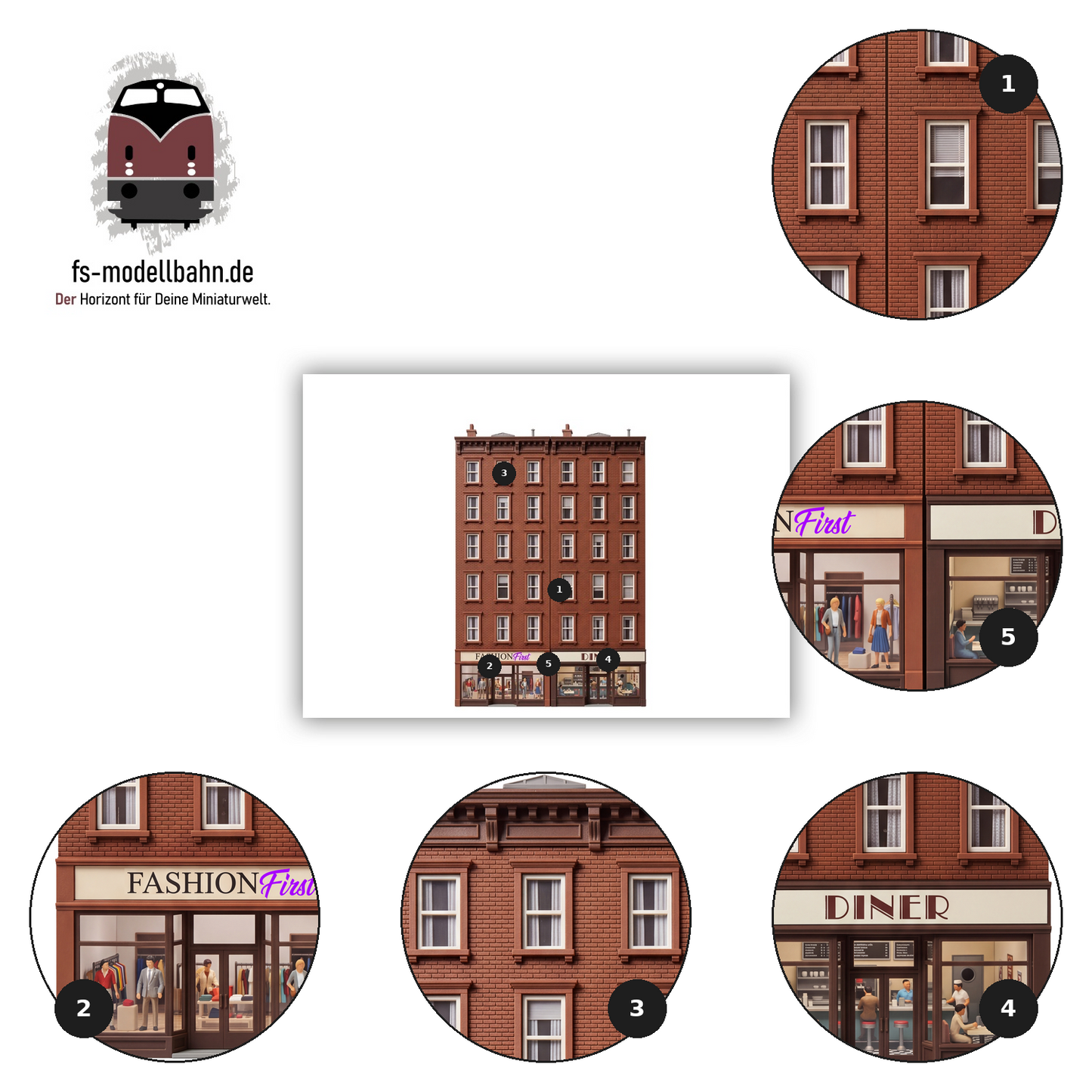 Modellbahnhintergrund Brownstones 6-geschossig Diner Fashion First Maßstab H0 1:87 zum download