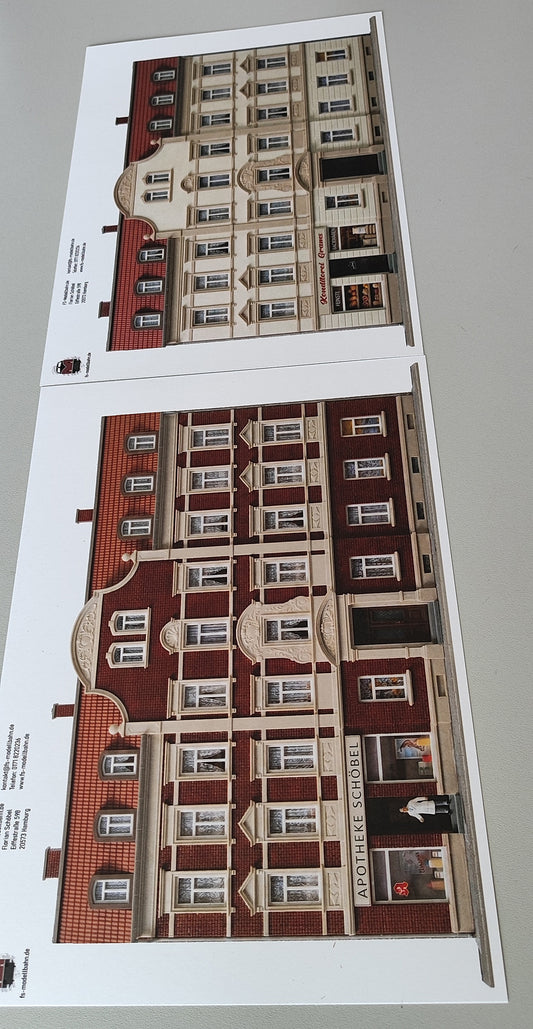 Model Railway Backdrop 2-piece Set Historicist Multi-Family Houses for City H0 Scale 1:87