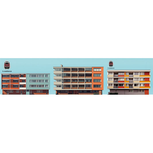 Modellbahnhintergrund 60er Jahre 3 Mehrfamilienhäuser als Set für Spur H0 1zu87