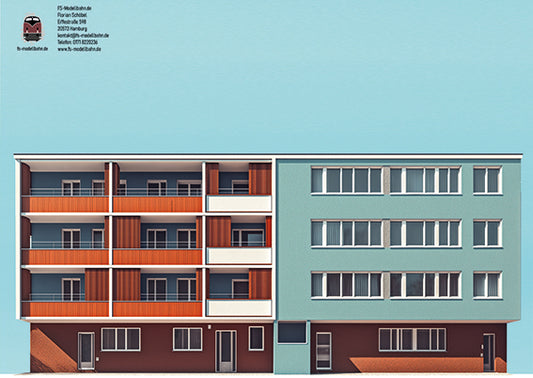 Modellbahnhintergrund 60er Jahre Mehrfamilienhaus Typ 3 für Spur H0 1zu87
