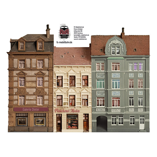 Modellbahnhintergrund Altbauten Fassadenfronten Eckmodul links Spur H0 1zu87