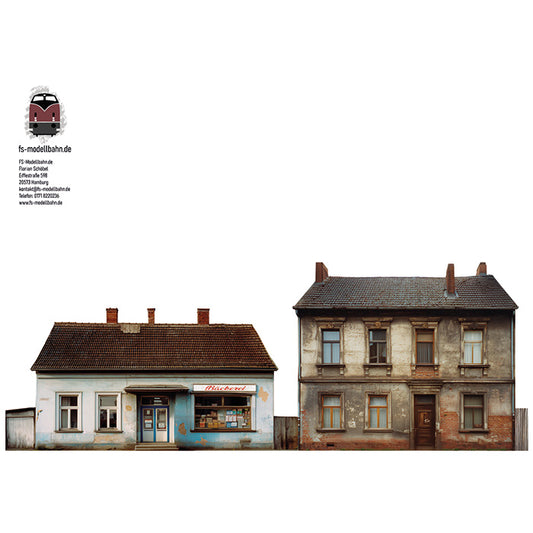 Modellbahnhintergrund DDR Gebäude zur Wendezeit Motiv 4 mit Bäckerei für Spur H0 1zu87
