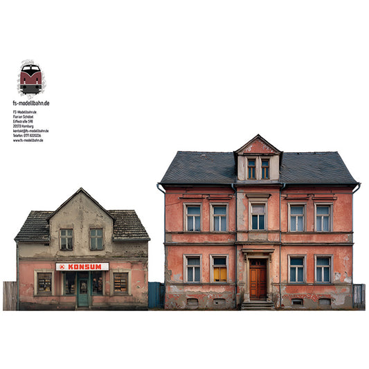 Modellbahnhintergrund DDR Gebäude zur Wendezeit Motiv 4 mit Konsum  für Spur H0 1zu87