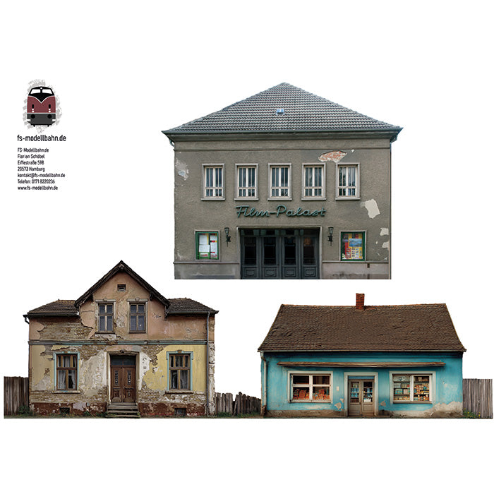 Set Modellbahnhintergrund DDR Gebäude zur Wendezeit Kleinstadt Dorf für Spur H0 1zu87