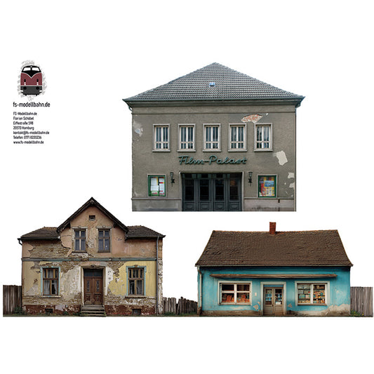 Modellbahnhintergrund DDR Gebäude zur Wendezeit mit Kino Kleinstadt für Spur H0 1zu87
