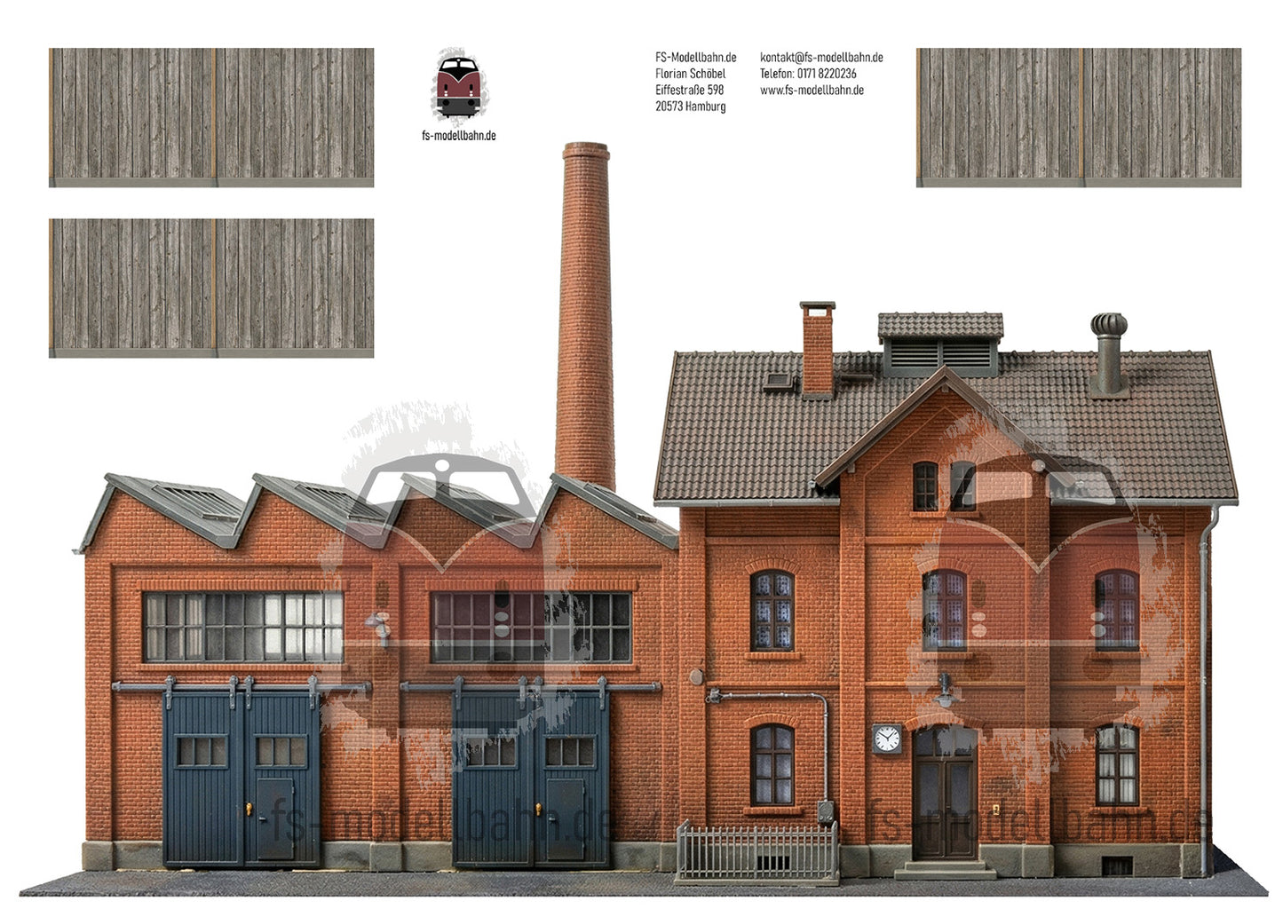 Modellbahnhintergrund Fabrik mit Schornstein und großen Rolltoren Spur H0 1zu87 KM00000093