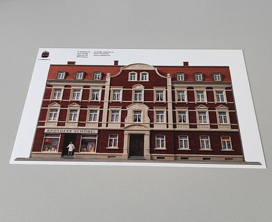 Modellbahnhintergrund Gründerzeit Mehrfamilienhaus mit Ziegelfassade und Stuckornamenten Spur H0 1zu87