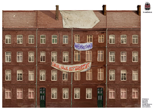 Modellbahnhintergrund Hinterhofgebäude Modul mit Hausbesetzung Spur H0 1zu87