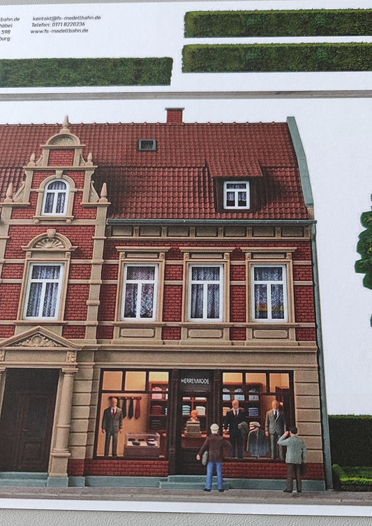 Model railway background Fashion store in a two-story Wilhelminian style building with a small park 1:87 H0 1:87