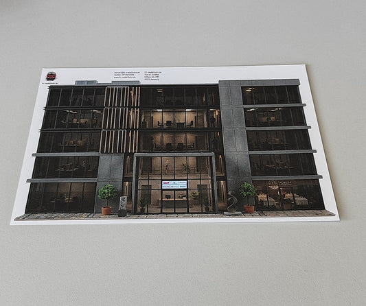 Model Railway Backdrop Modern Office Building with 5 Storeys in Steel Frame Construction with Many Glass Fronts H0 Scale 1:87