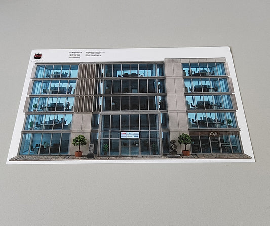 Model railway backdrop modern office building with 5 storeys in steel construction with a lot of blue tinted glass gauge H0 1to87
