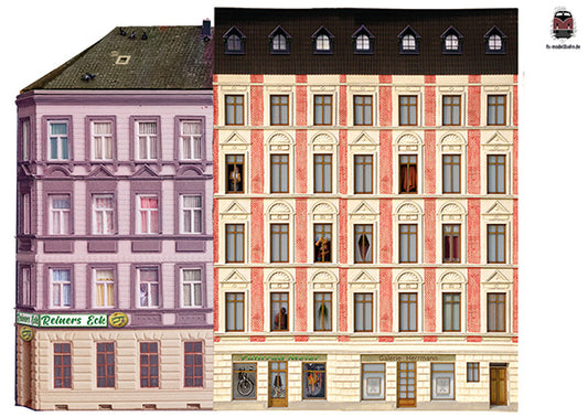 Modellbahnhintergrund Altbauten Fassaden Modul Gebäudeecke links Spur H0 1zu87