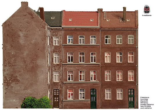 Modellbahnhintergrund Hinterhofgebäude Modul Gebäudeecke links Spur H0 1zu87