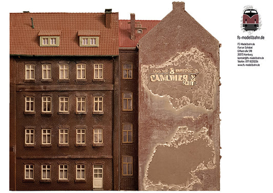 Modellbahnhintergrund Hinterhofgebäude Modul Gebäudeecke rechts Spur H0 1zu87