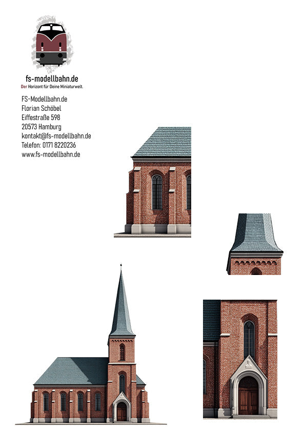 Modellbahnhintergrund Norddeutsche Kleinstadtkirche 21,8 cm hoch 16,6 cm breit Spur H0 1zu87 zum Download