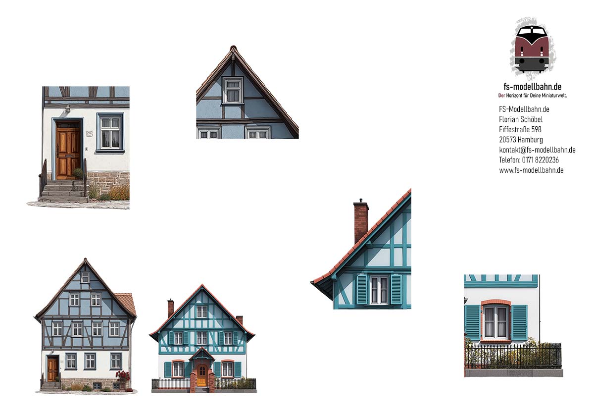 Modellbahnhintergrund zwei Fachwerkhäuser in blau auf dem Land Spur H0 1zu87 zum Download