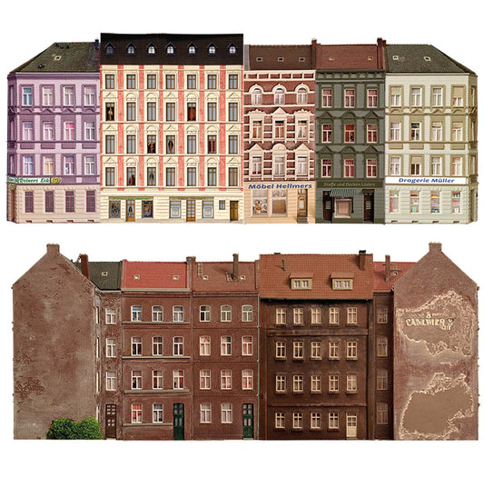 Modellbahnhintergrund Altbaufassadenfronten 2er Set und Hinterhof 2er Set Spur H0 1zu87