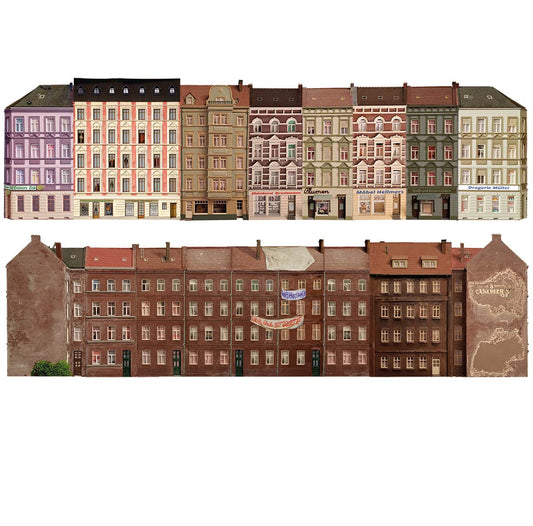 Modellbahnhintergrund Altbaufassadenfronten 3er und Hinterhof 3er Set mit Hausbesetzung Spur H0 1zu87