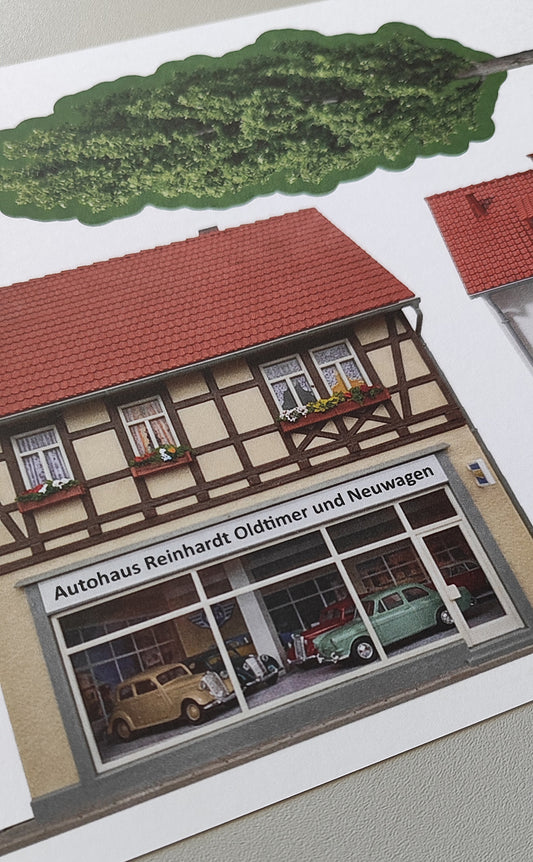 Model Railway Backdrop Car Dealership and Workshop H0 Gauge incl. Tree H0 Gauge 1:87