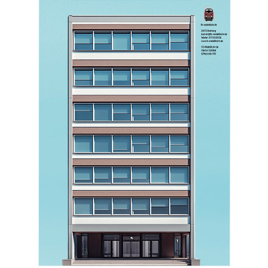 Modellbahnhintergrund Bürogebäude mit sieben Etagen Typ 2 Spur H0 1zu87