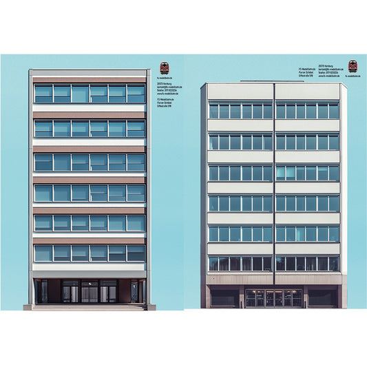Modellbahnhintergrund Set mit Bürogebäude Typ 1 und Typ 2 für Spur H0 1zu87
