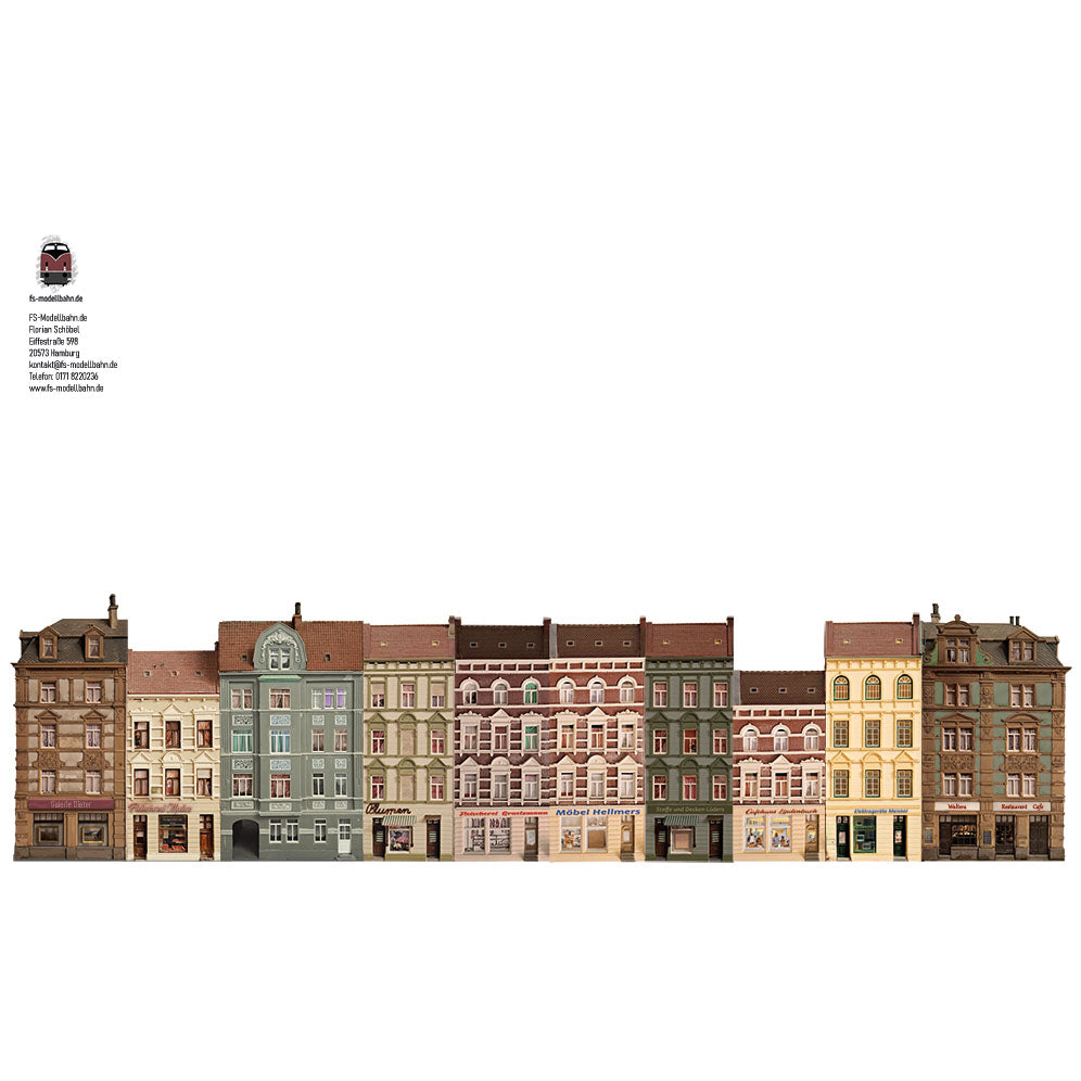 Modellbahnhintergrund Set Gründerzeitaltbauten 62cm Breite mit Ladengeschäften zum Kombinieren Spur TT in 1 zu 120 | FS-Modellbahn