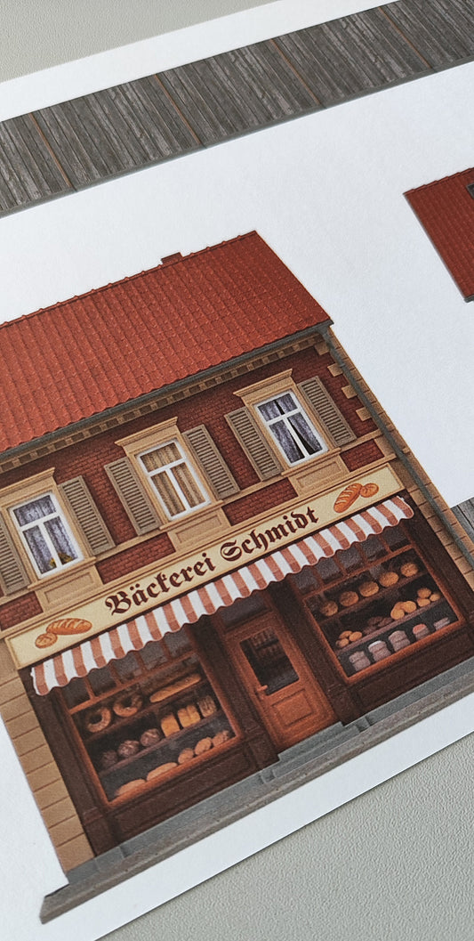 Model railway background two-story facades with "Schmidt Bakery" and "Butcher Shop" with wooden fence H0 scale 1:87