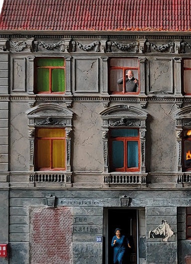 Modellbahnhintergrund Actionkulisse Gebäudebrand Motiv 1 für Spur H0 1zu87