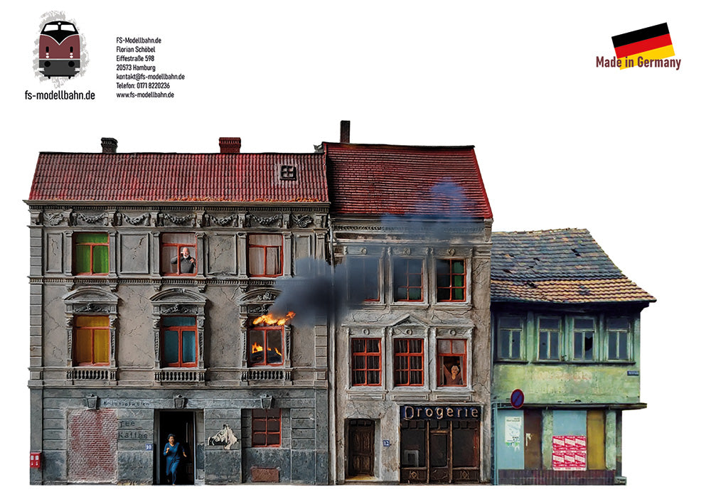 Modellbahnhintergrund Actionkulisse Gebäudebrand Motiv 1 für Spur H0 1zu87