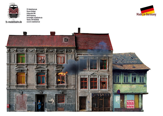 Modellbahnhintergrund Actionkulisse Gebäudebrand Motiv 1 für Spur H0 1zu87