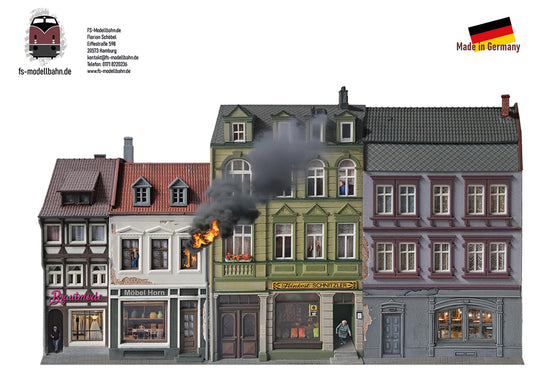 Modellbahnhintergrund Actionkulisse Gebäudebrand Motiv 2 für Spur H0 1zu87