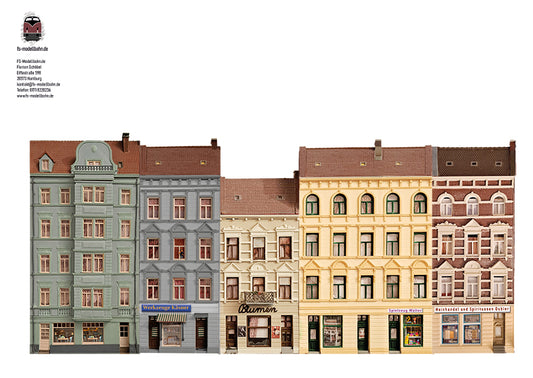 Modellbahnhintergrund Gründerzeitaltbauten 32cm Breite mit Ladengeschäften zum Kombinieren Spur TT in 1 zu 120 | FS-Modellbahn