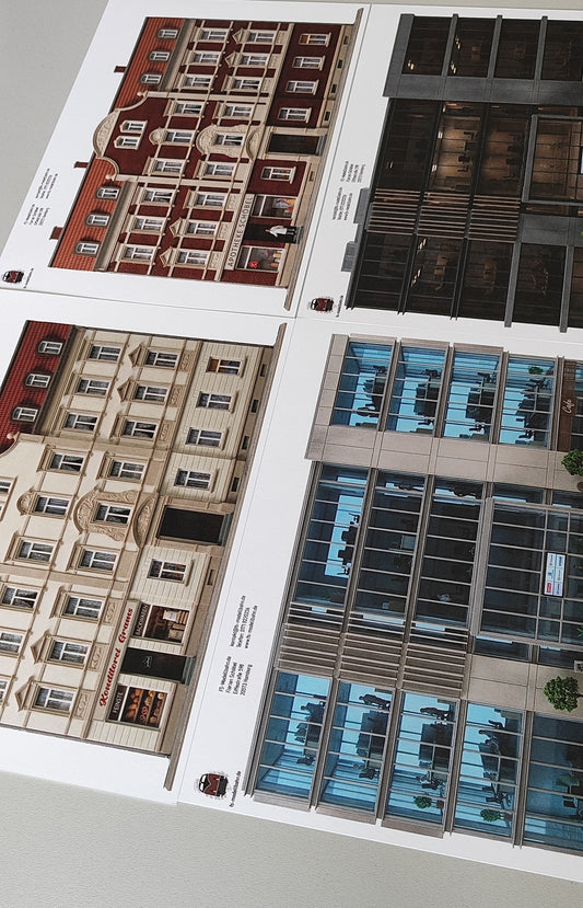 Model Railway Background 4-piece Set Modern Office Buildings and Wilhelminian Era Apartment Buildings Gauge H0 1:87