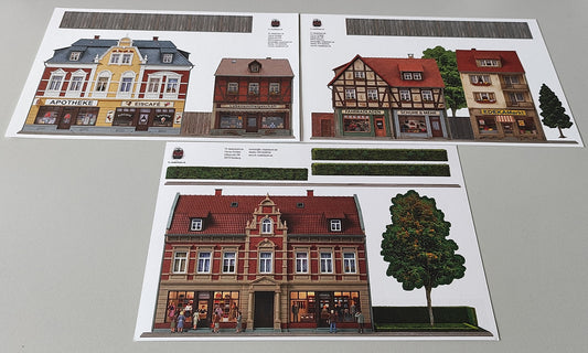 Model Railway Backdrop 3-Piece Set Small Town Buildings with Retail H0 Gauge 1:87