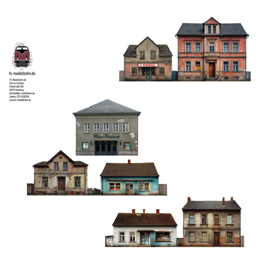 Set Modellbahnhintergrund DDR Gebäude zur Wendezeit Kleinstadt Dorf für Spur H0 1zu87