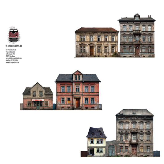Set Modellbahnhintergrund DDR Gebäude zur Wendezeit Kleinstadt Stadt für Spur H0 1zu87