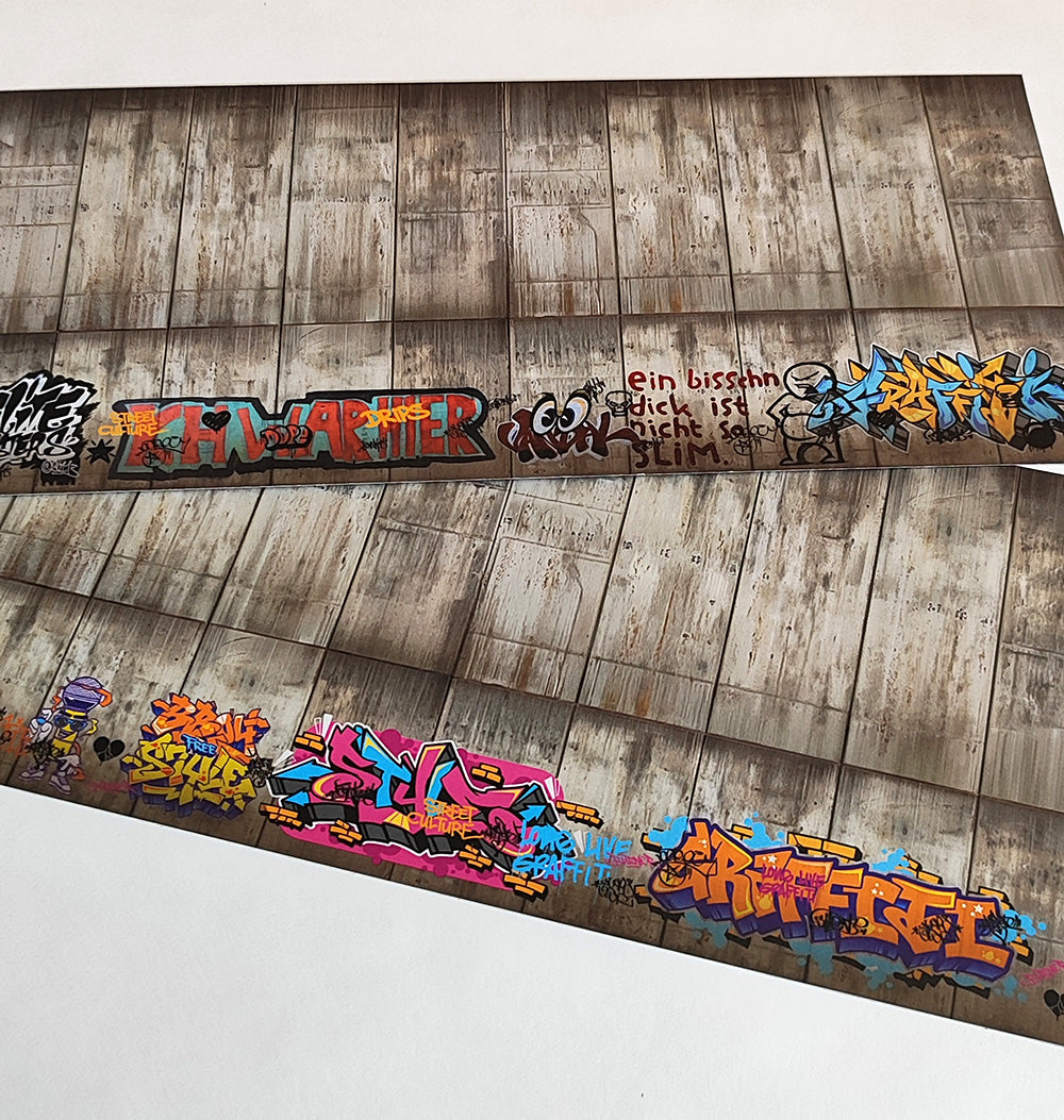 Dekorbögen gealterte Betonwand mit Graffiti Set 2 Spur H0 13,8cm x 29,7cm | FS-Modellbahn.de