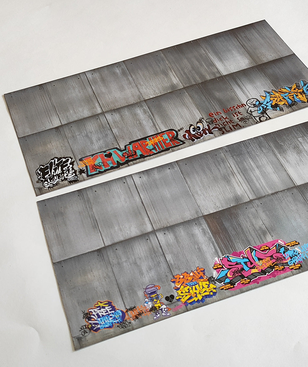 Dekorbögen moderne Betonwand mit Graffiti Set 2 Spur H0 13,8cm x 29,7cm | FS-Modellbahn.de
