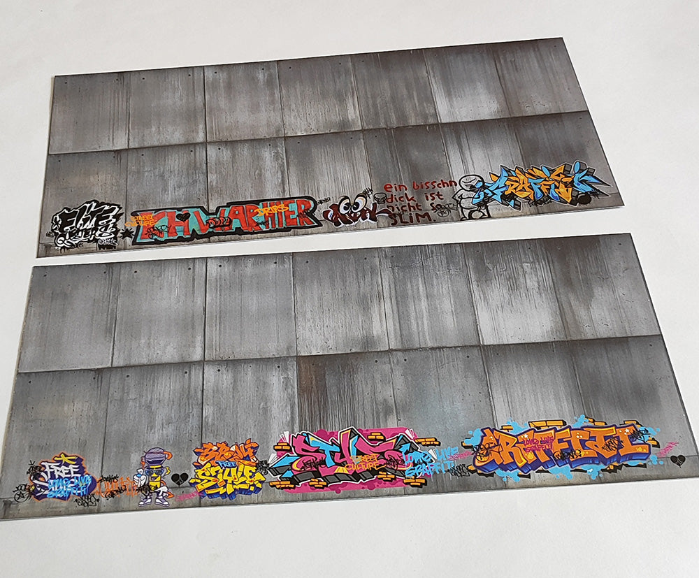 Dekorbögen moderne Betonwand mit Graffiti Set 2 Spur H0 13,8cm x 29,7cm | FS-Modellbahn.de