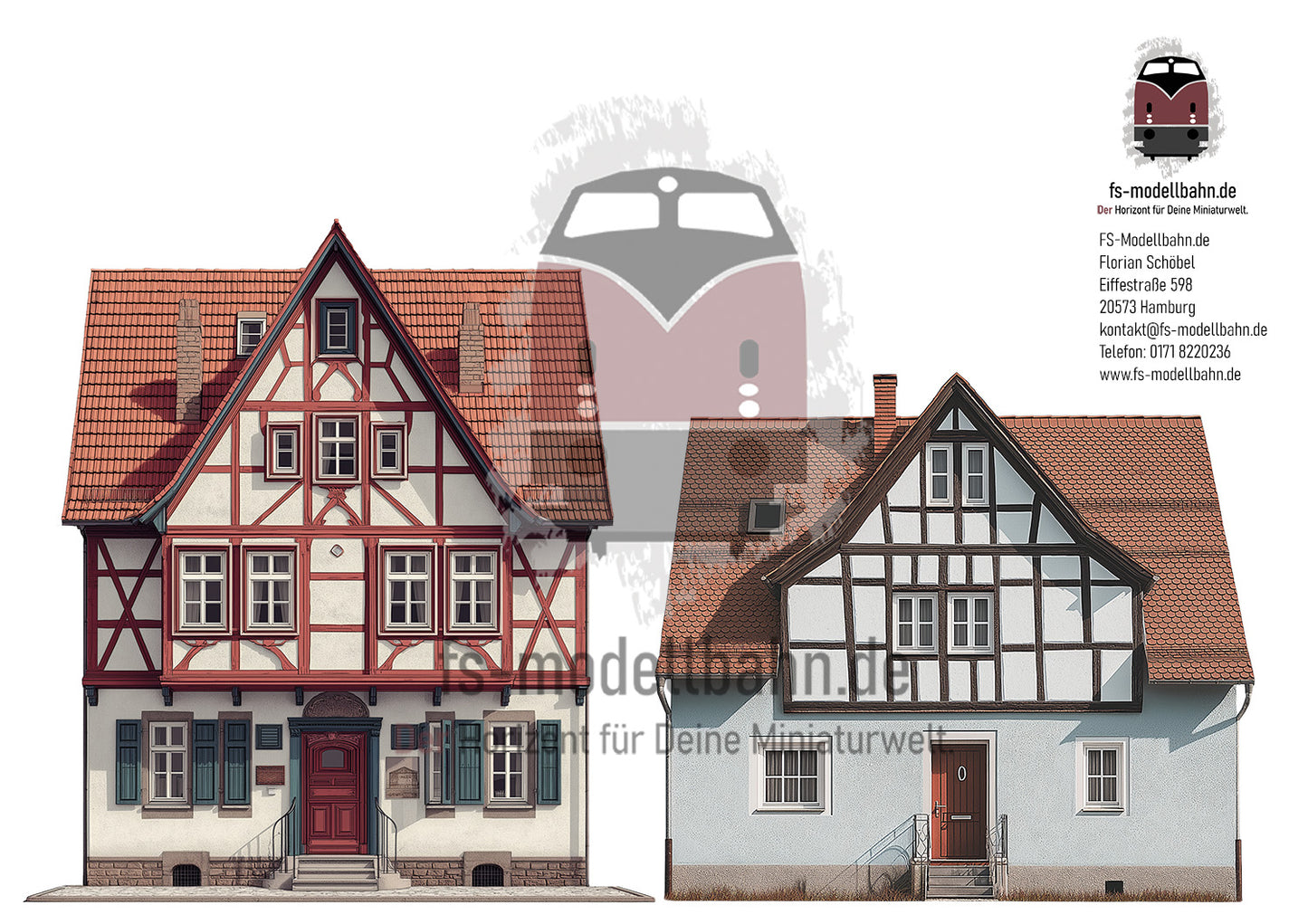 Modellbahnhintergrund zwei Fachwerkhäuser auf dem Land Spur H0 1zu87 zum Download