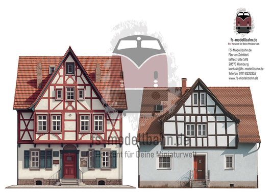 Modellbahnhintergrund zwei Fachwerkhäuser auf dem Land Spur H0 1zu87 zum Download