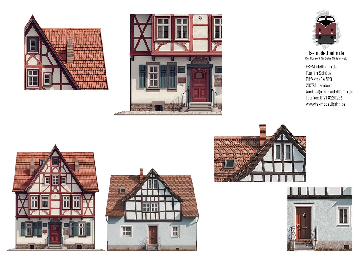 Modellbahnhintergrund zwei Fachwerkhäuser auf dem Land Spur H0 1zu87 zum Download