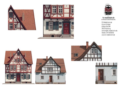 Modellbahnhintergrund zwei Fachwerkhäuser auf dem Land Spur H0 1zu87 zum Download