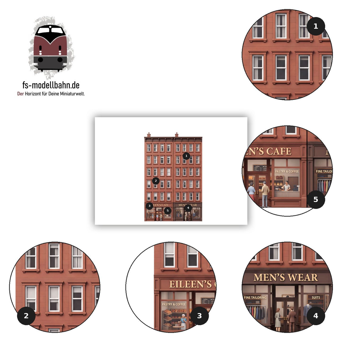 Modellbahnhintergrund Brownstones 6-geschossig Eileens Cafe Mens Wear Maßstab H0 1:87 zum download