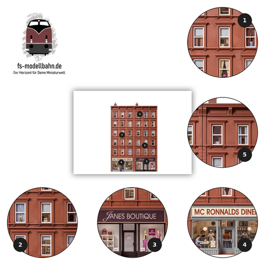 Modellbahnhintergrund Brownstones 6-geschossig MC Ronalds Diner und Janes Boutique Maßstab H0 1:87 zum download