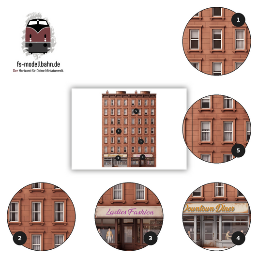 Modellbahnhintergrund Brownstones 7-geschossig Downtown Diner und Ladies Fashion Maßstab H0 1:87 zum download