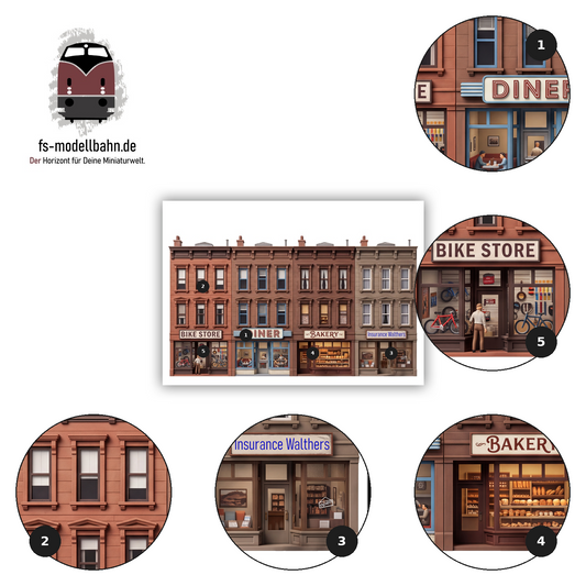 Modellbahnhintergrund Brownstones 3-geschossig Bike store, DINER, Bakery, Insurence, Maßstab H0 1:87 zum download
