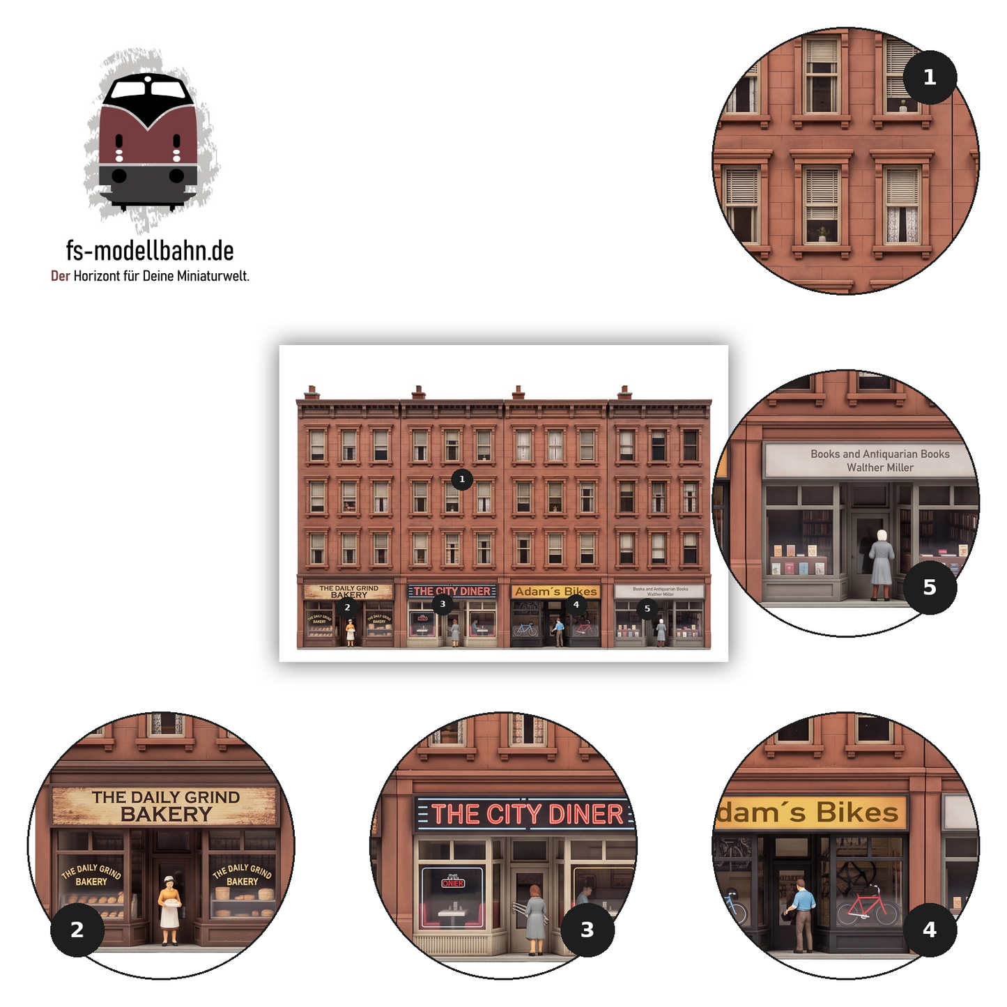Modellbahnhintergrund Brownstones 4-geschossig Bakery, City Diner, Adams Bikes, Books Maßstab H0 1:87 zum download