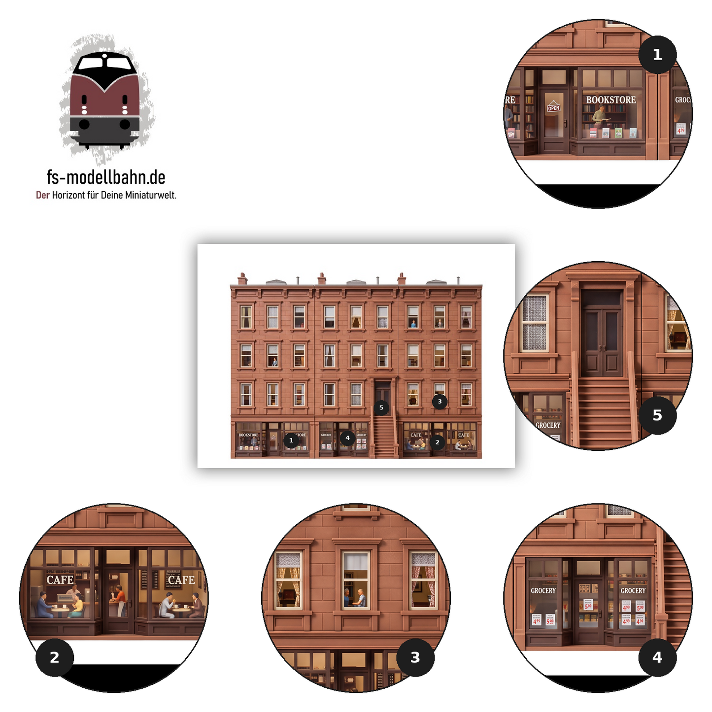Modellbahnhintergrund Brownstones 4-geschossig Bookstore, Grocery, Cafe Maßstab H0 1:87 zum download